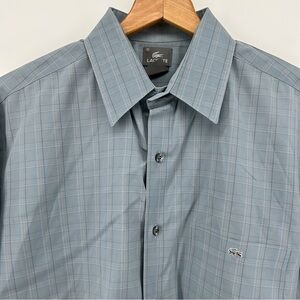Lacoste Men's Button Up Shirt Blue Gray Windowpane Plaid Long Sleeve Size 45 2XL